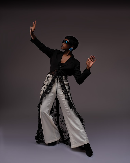 Lace Panel Blazer and Wide Leg Trouser Set