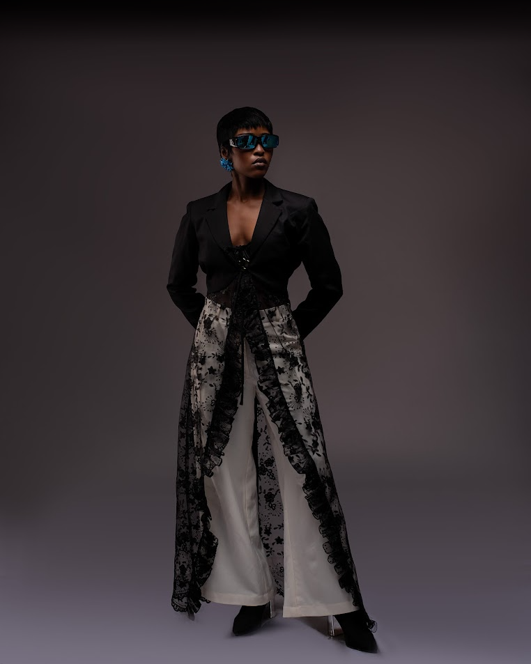 Lace Panel Blazer and Wide Leg Trouser Set