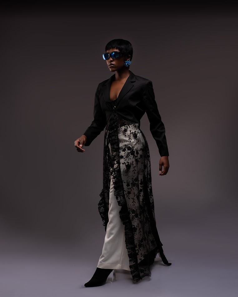 Lace Panel Blazer and Wide Leg Trouser Set