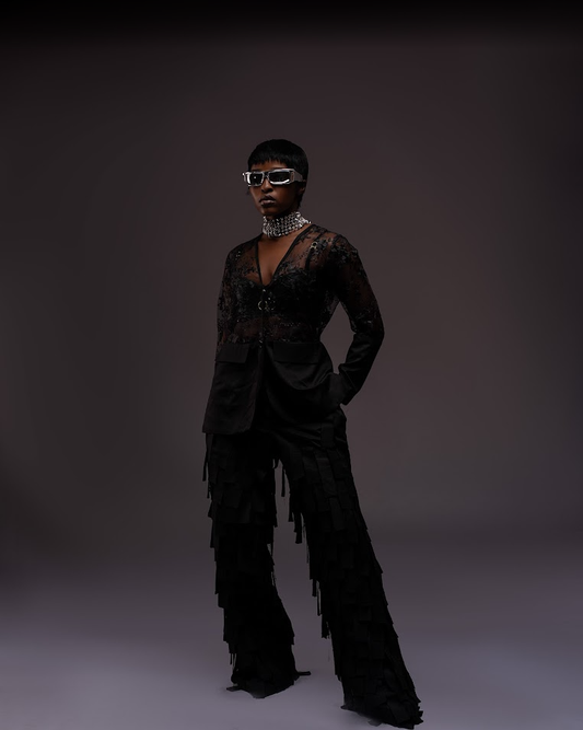 Sheer Lace Blazer and Fringe Trouser Set