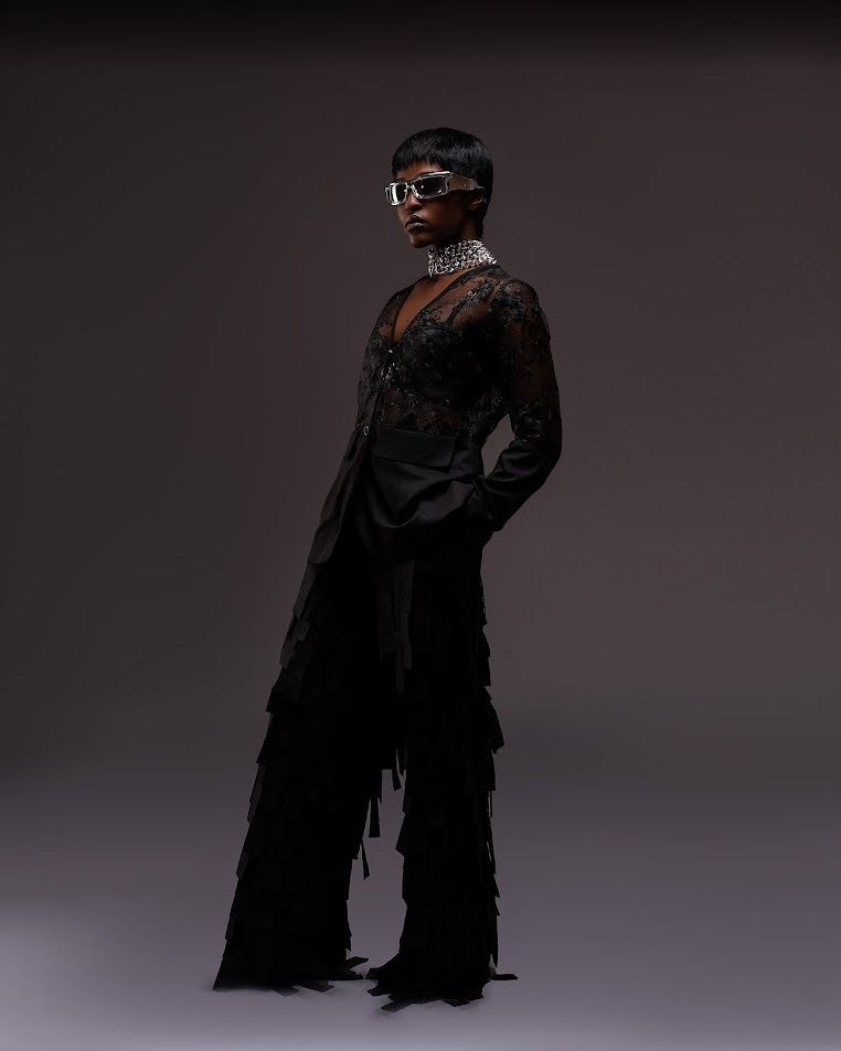 Sheer Lace Blazer and Fringe Trouser Set