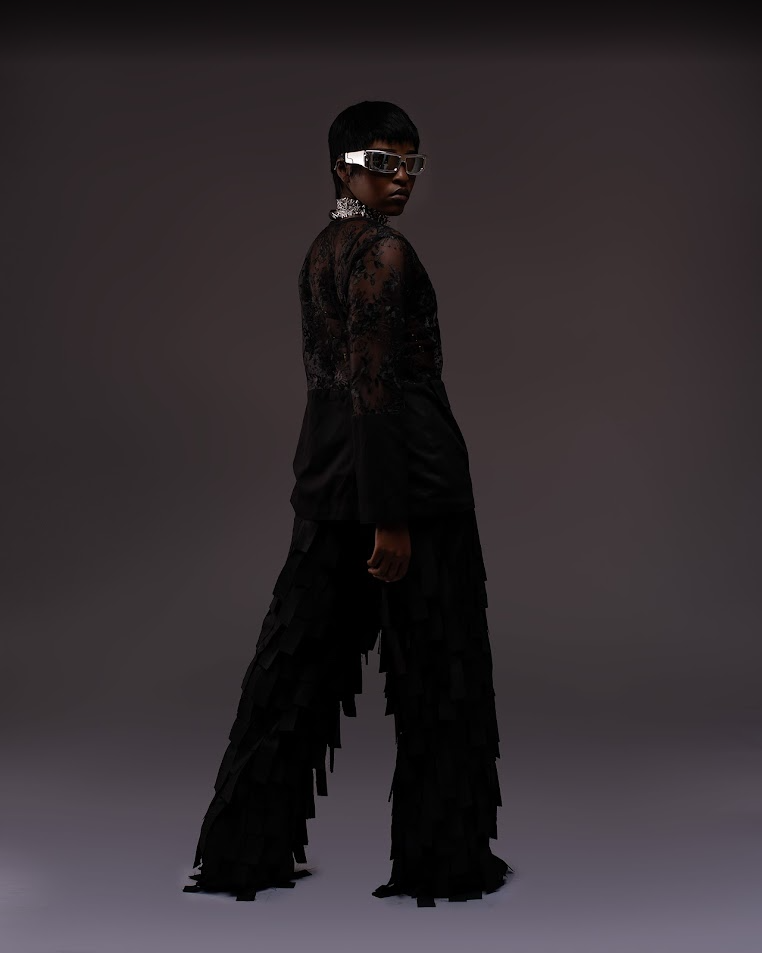 Sheer Lace Blazer and Fringe Trouser Set